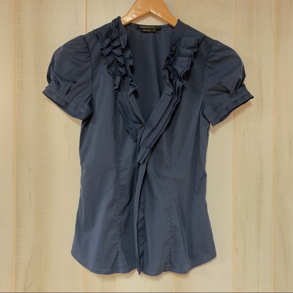 BCBG Maxazaria Navy Blue Ruffle Blouse XXS